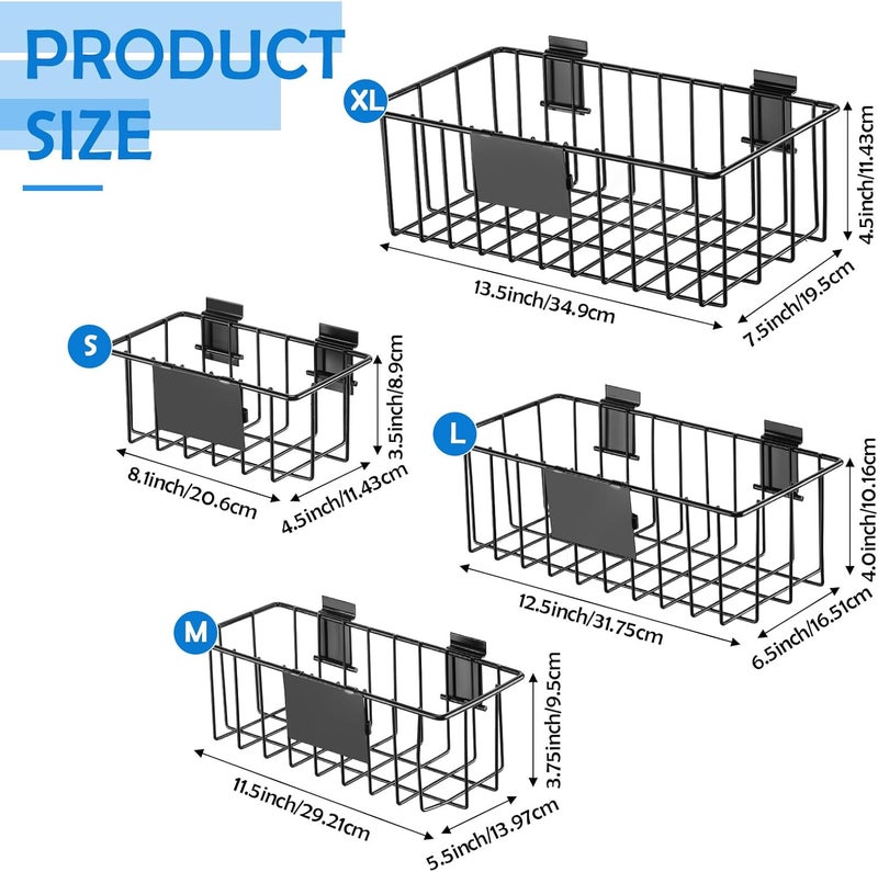 Maxcheck 4 Pcs Black Metal Slatwall Basket with Removable Tags Ventilated Slatwall Baskets Wall Mounted Storage Baskets Hanging Basket Organizer Slatwall Accessories for Shop Room Display Organizing - Image 3